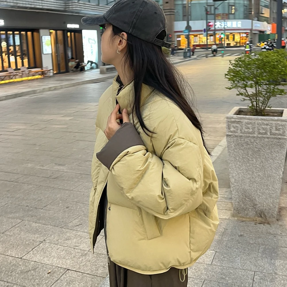 Casual Lose Frauen Winter Baumwolle Mäntel 2025, Neue Einfarbig Dicke Warme Stehkragen Jacken Kurze Baumwolle Brot Parkas