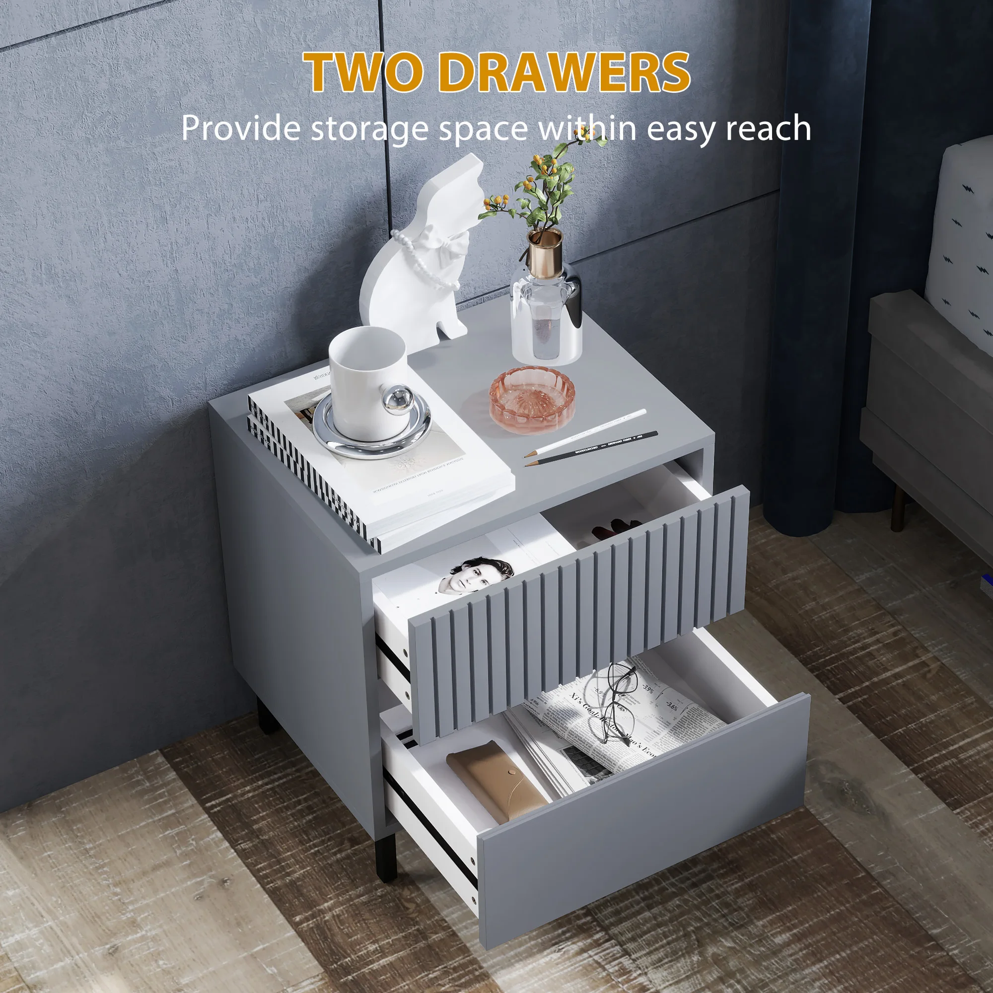 HOMCOM Bedside Table with 2 Drawers and Steel Legs for Bedroom, Grey