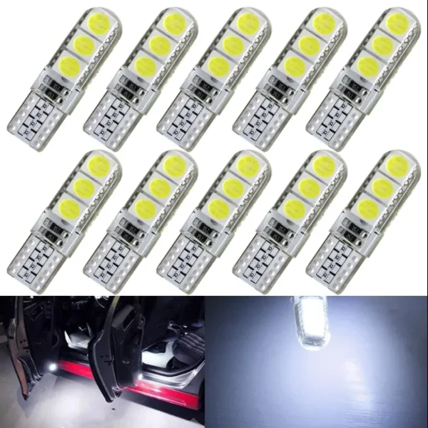 100 шт. автомобильный сигнальный светильник T10 W5W Светодиодный лампа 5050 6 SMD 12V белый авто багажник Клин боковые номерные знаки лампы силиконовые водонепроницаемые