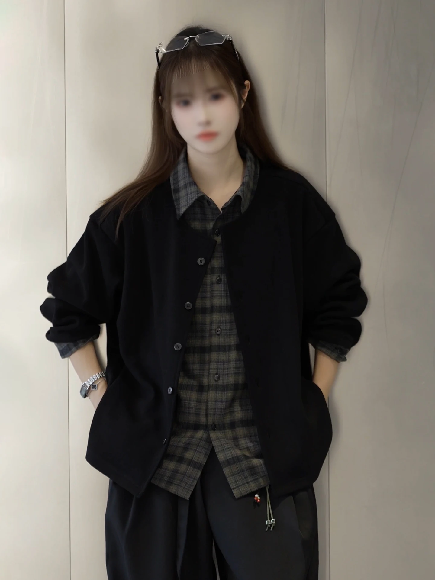 

Bla Plaid Brued Knit irt Collar Jaet Men Women Autumn Winter Casual Sle Fake Two-Piece Knitted Open Cardigan Coat
