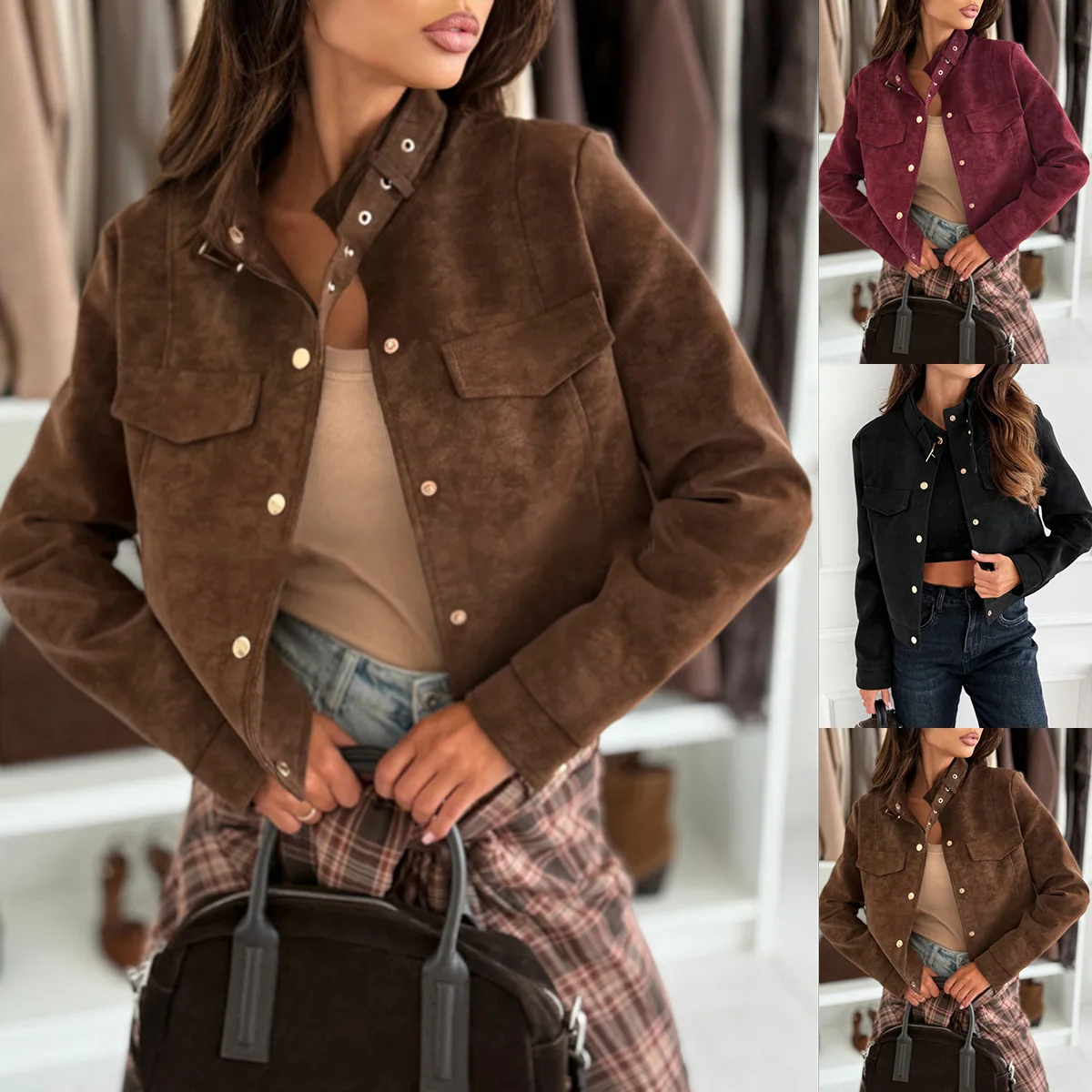 

2025 зимняя новая велюровая короткая куртка из кожи оленя, женская куртка на молнии, кофейный, черный, винно-красный, разноцветные варианты