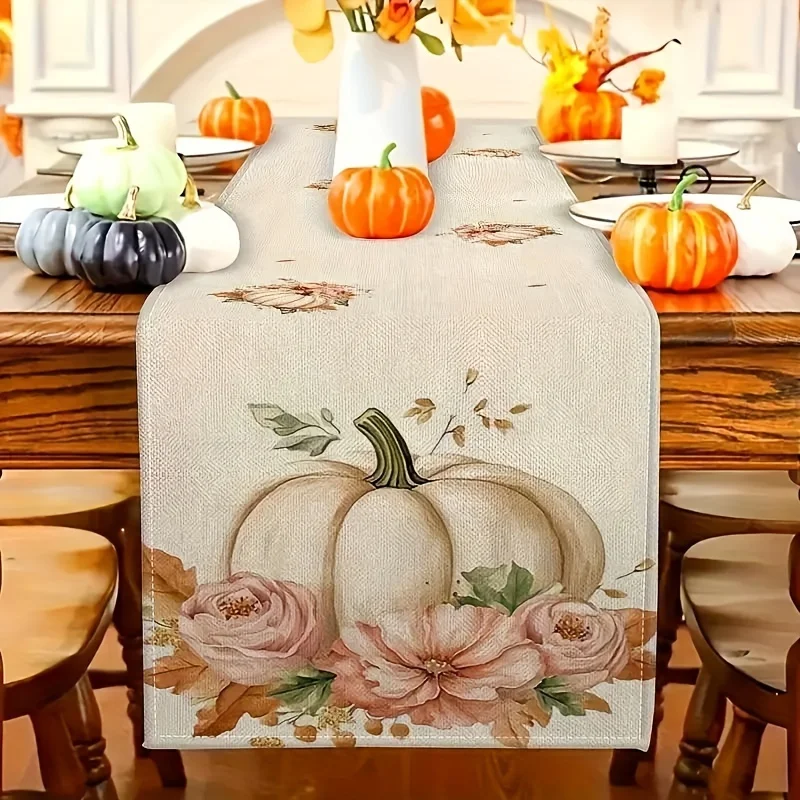 

1 Piece of Pastoral Style Autumn Table Runner with Light Background Painted with Pumpkin and Pink Flower Patterns, Suitable for Autumn Family Banquets, Pastoral Restaurants, Harvest Festival Decorations, Rural B&Bs, Outdoor Picnics, Art Studios, Warm Home