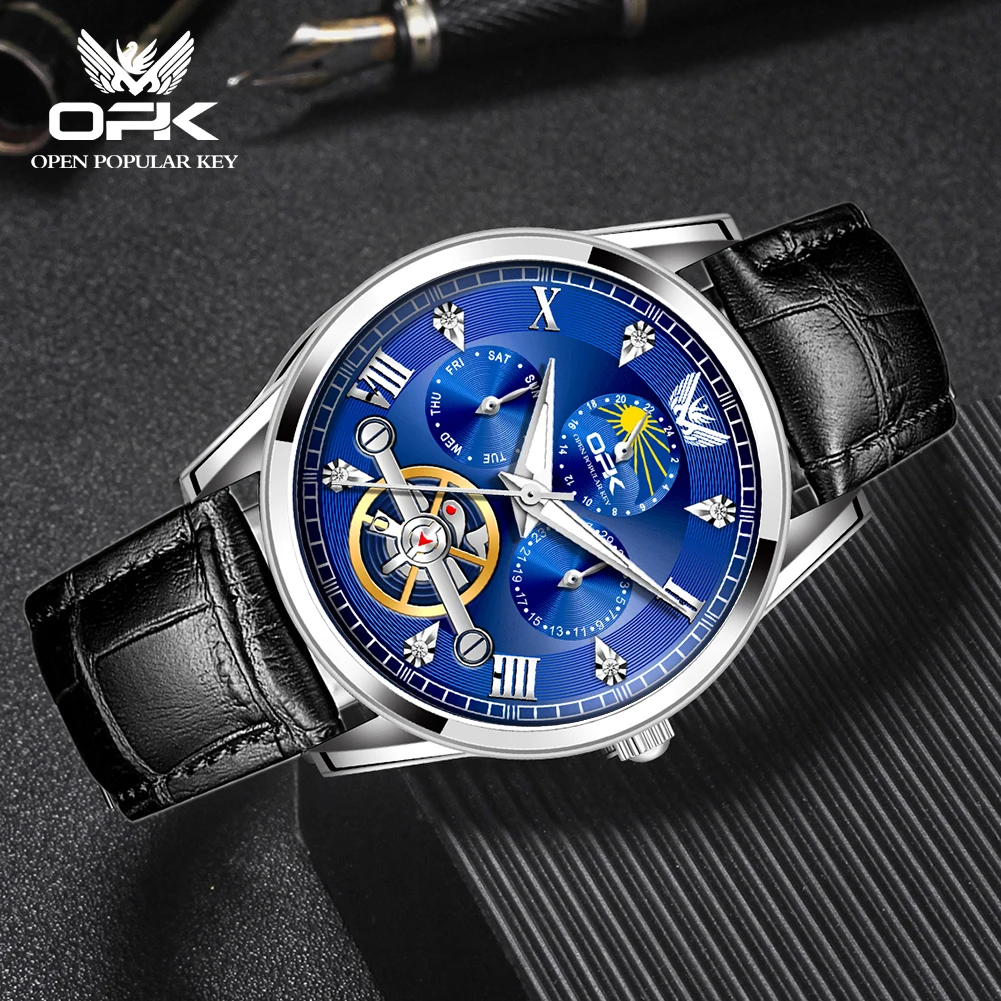 Светящиеся водонепроницаемые мужские кварцевые часы с тремя контактами и ремешком от бренда OPK 8148