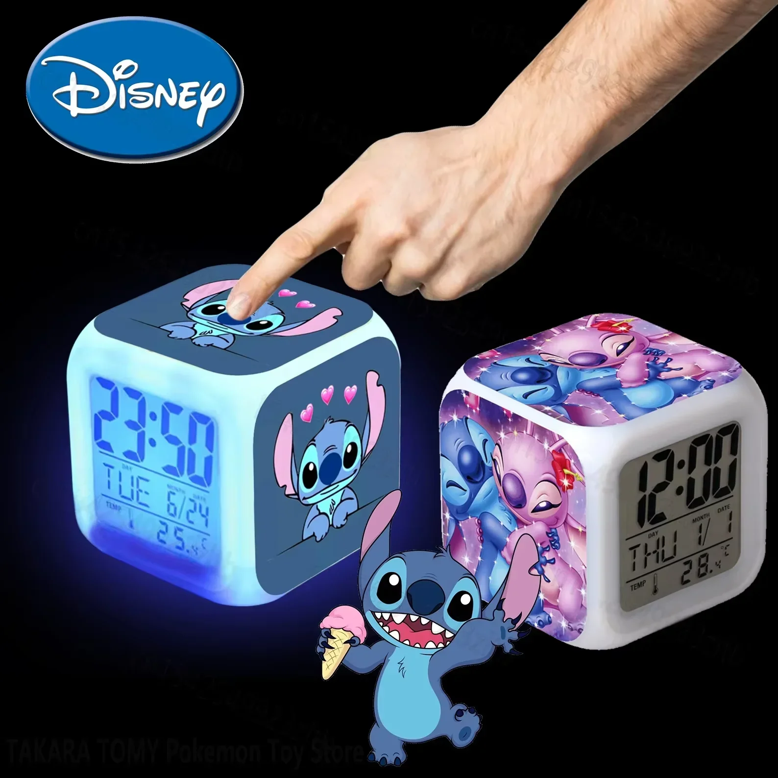 Disney Stitch LED Alarm Clock Children's Bedroom Growth Changing Numbers Alarm Clock Decoration Cartoon Digital Light Toys Gifts