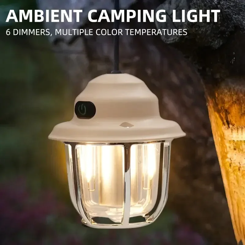 

LED Camping Lamp 1200mAh Retro Hanging Tent Lamp 2700K/6500K Emergency Light Lantern IPX4 Waterproof Type C Charging for Outdoor
