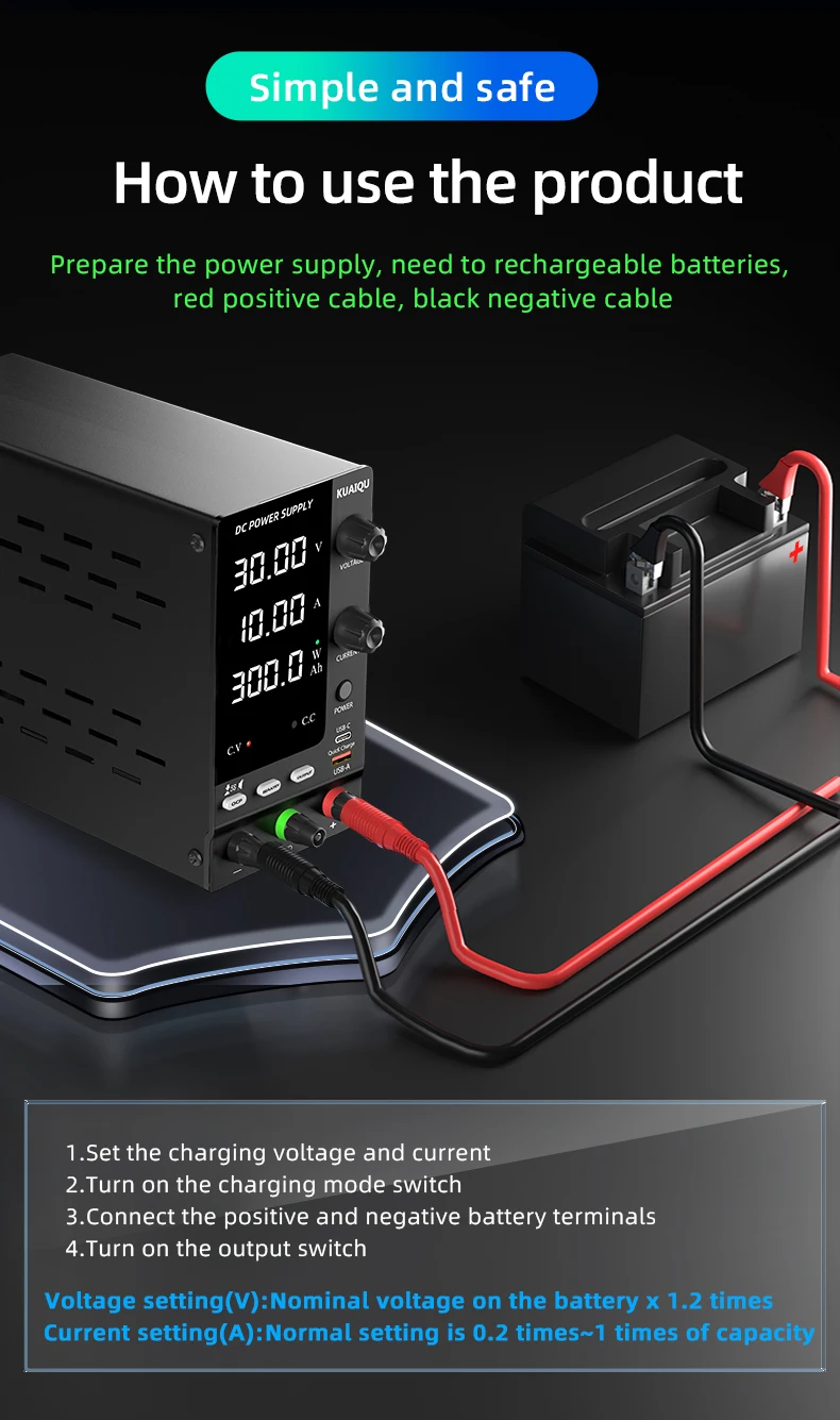 KUAIQU Lab Bench Power Supply Adjustable 3.7V 4.8V 12V 24V 48V 60V 72V 100V Battery Charging For R&D,Activate battery,BMS Test