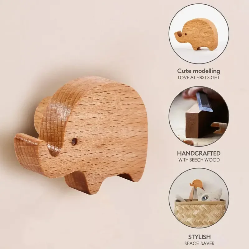 Household Non Perforated Wall Hook Cartoon Animal Wooden Coat Hook Wall Entrance Solid Wood Hook Door Back Coat Hook