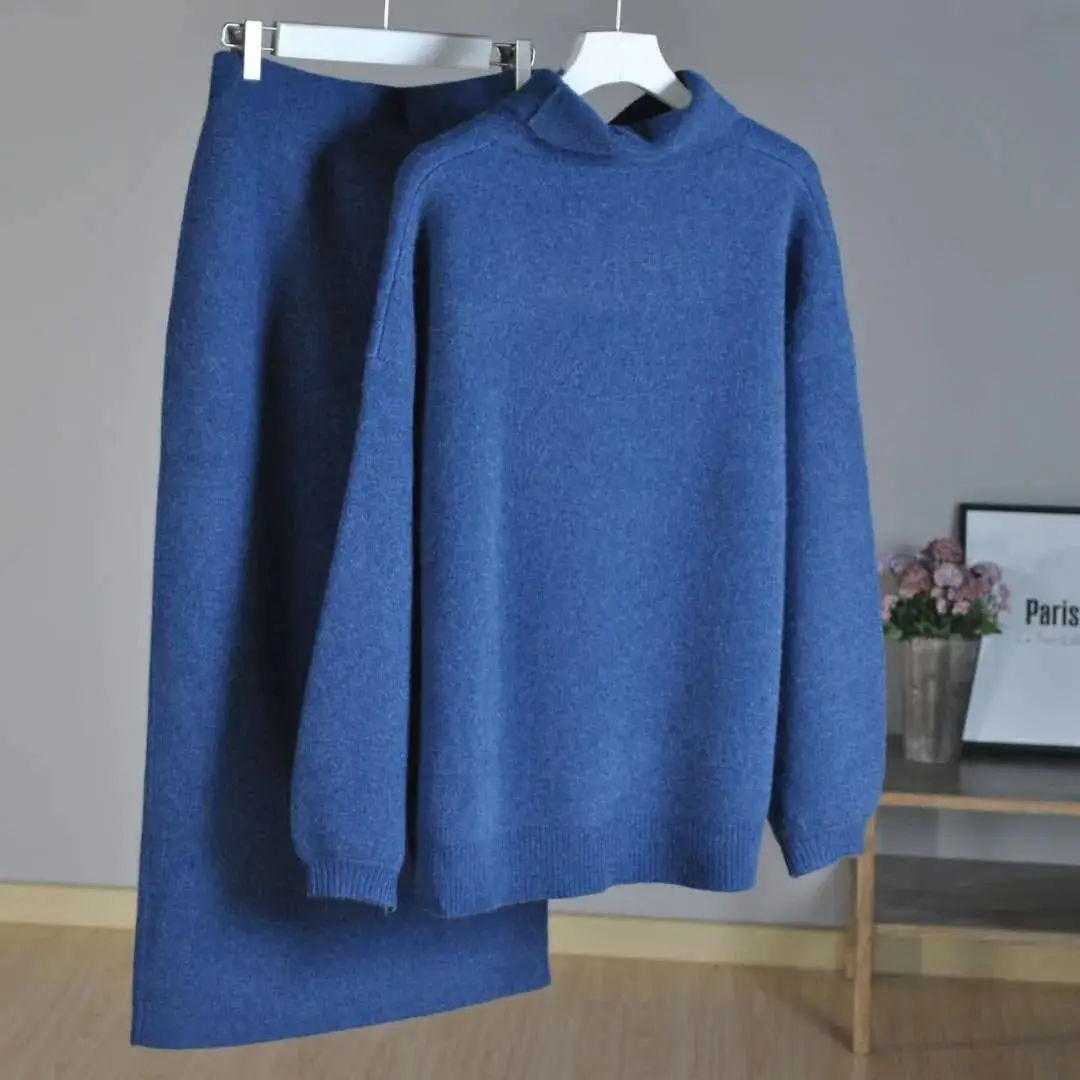 Elegant pure cashmere knitted skirt suit