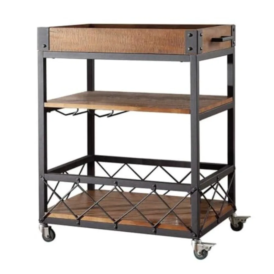 

European Style Wine Trolley, Wooden Metal Three-Tier Mobile Service Cart with Wine Rack for Restaurant, Hotel, and Bar 60 * 35