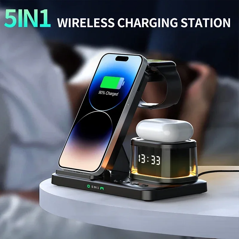 5 In 1 Foldable Wireless Charger Stand Clock RGB For iPhone 14 13 12 11 Pro Max Apple Watch Airpods Pro Fast Charging Station