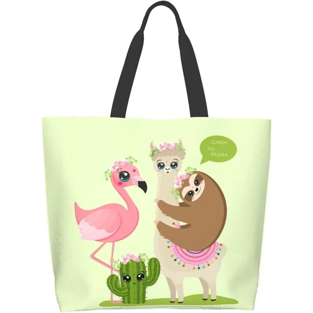 Sloth Ladies Canvas Handbag Flamingos PrintPortable Large Capacity for Female Single Shoulder Fashion Tote Shopping Bags