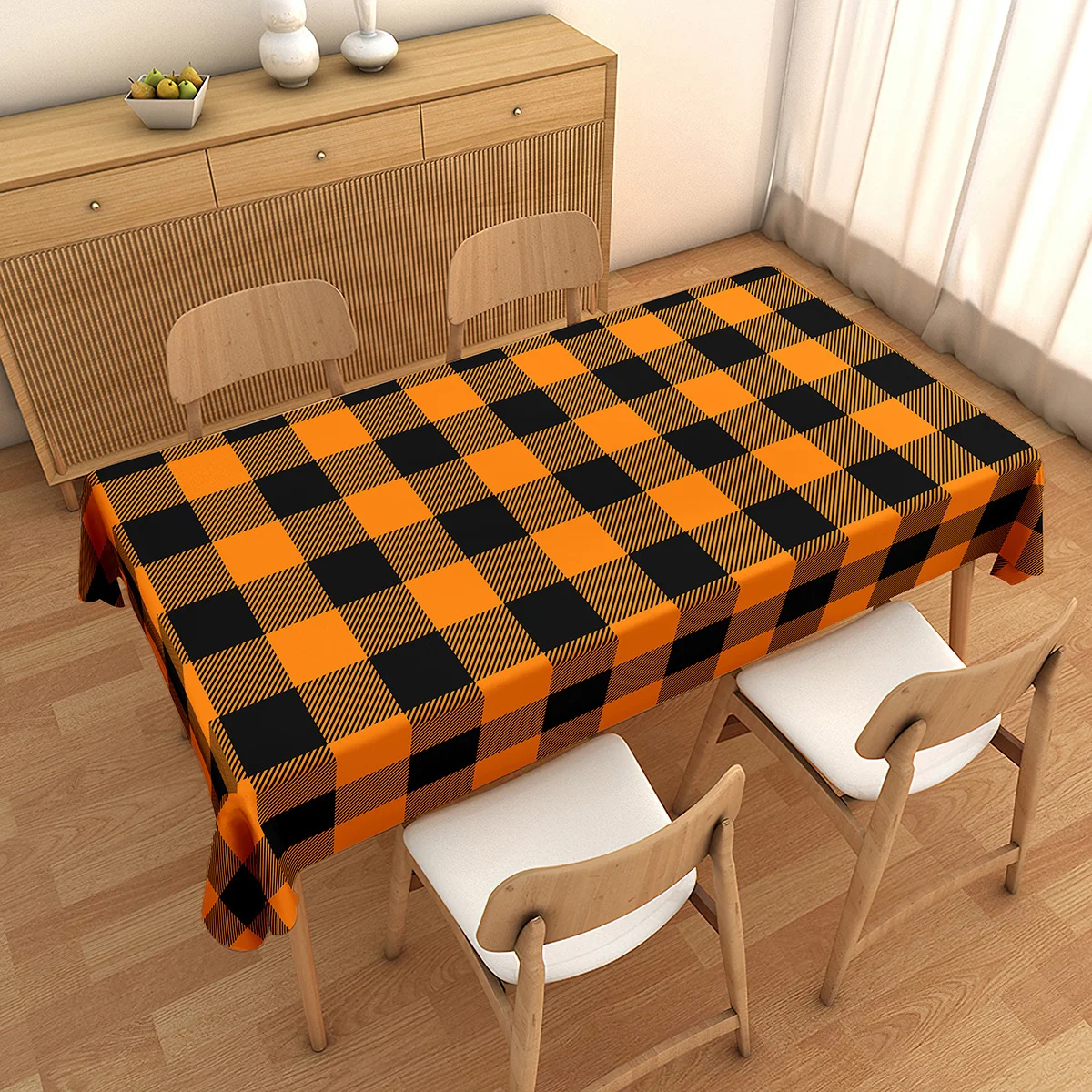 JIT 1Pc Circular or Rectangular Orange Checkered Pattern Decorative Tablecloth for Halloween Decorationzyc