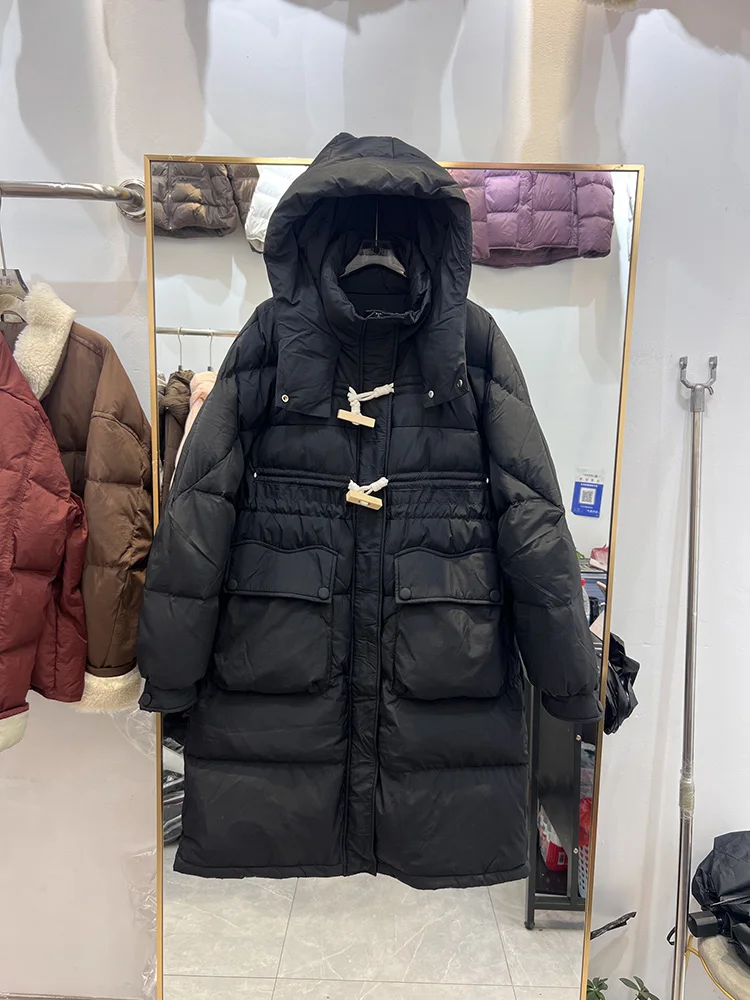 النسخة الكورية تصميم الأزياء مقنعين فضفاضة بيضاء بطة أسفل سترة المرأة منتصف طويل نمط الاتجاه الشتاء سترة جديدة أسفل