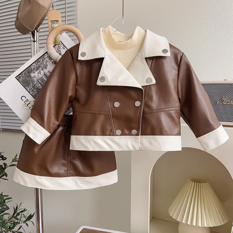 

Girls' Outfit Set Spring and Autumn New Fashionable Stylish Leather Jacket and Skirt Two-Piece Set