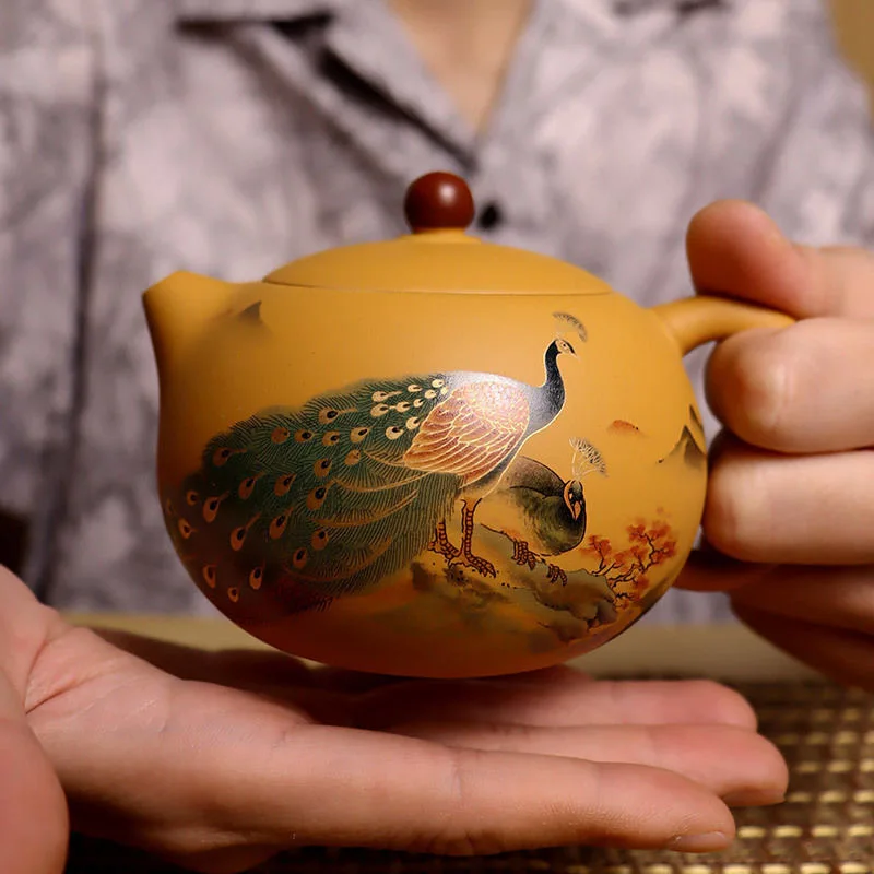 Purple Clay Teapot with Phoenix Chirping Depicting Golden Dragons and Phoenixes Presenting Auspiciousness and Changing Colors