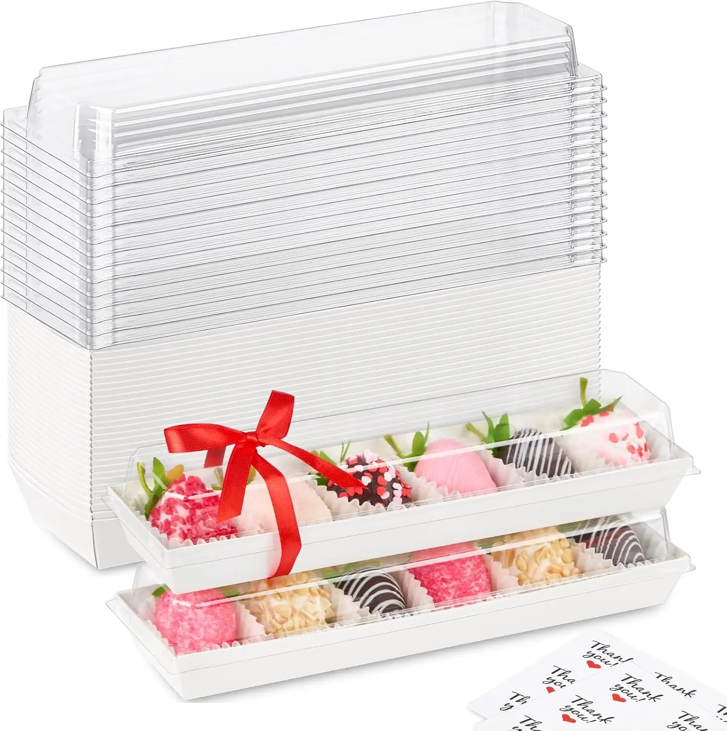 

25 Pack Strawberry Boxes with Clear Lids, 12x2.6x2 Inches White Long Macaron Boxes for Chocolate Covered Strawberries, Cookies