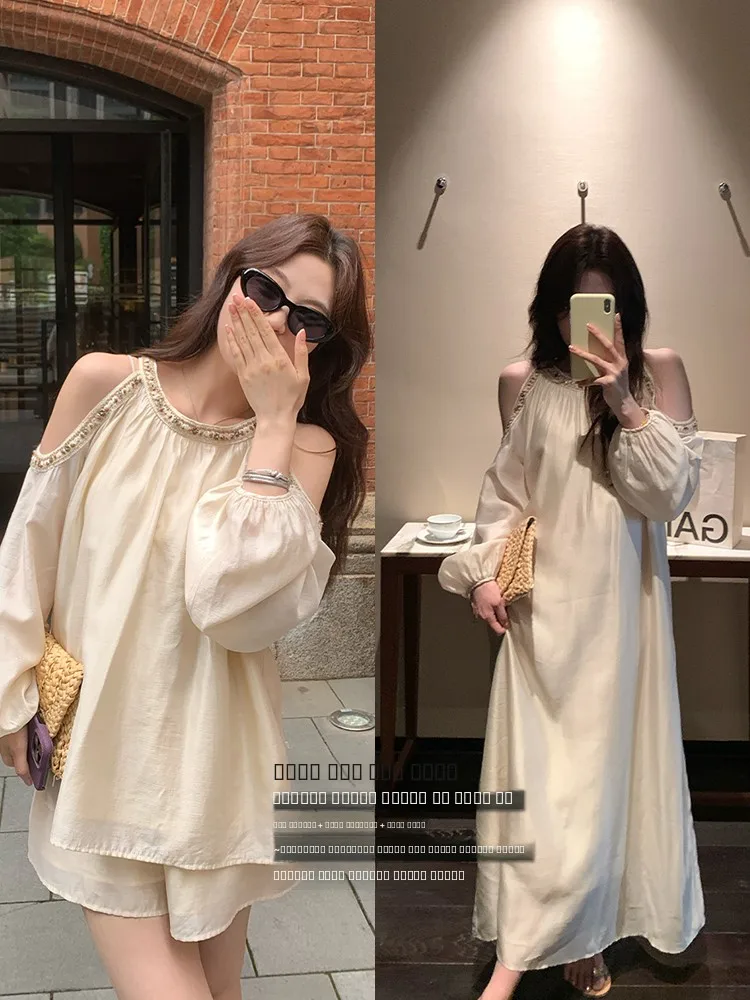 

NAZ Retro Large Size Acetate Silk Pearl Neck Hanging Shoulder Exposure Set Summer Fashionable Korean Loose Fit Long Sleeve
