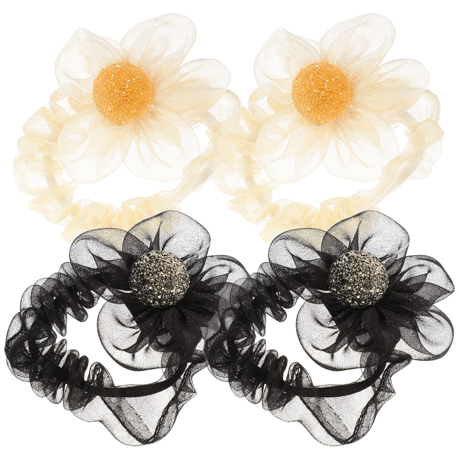 

4 Pcs Curly Hair Ring Miss Ribbons Rhinestone Accessories Elastic Ties Mesh Bows for Women Girls