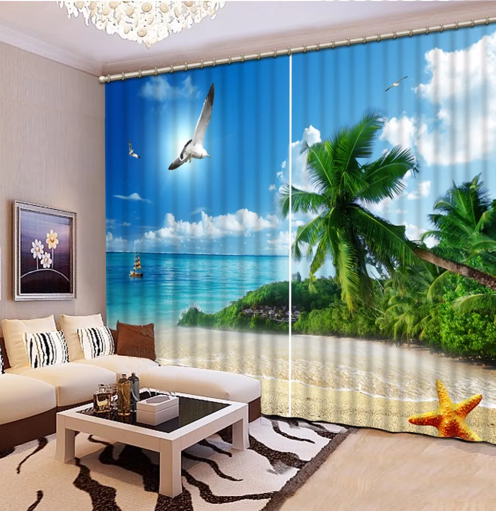 3D Curtain Blackout Shade Window Curtains Blue Sky Cloud Beach Leaves Curtains For Living Room 3D Bathroom Shower Curtain