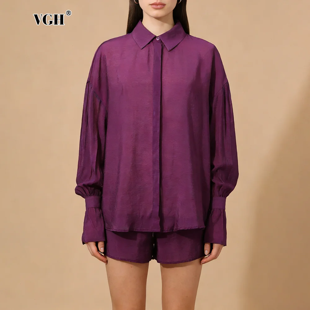

VGH Lazy French Minimalist Style Solid Shirt for Women Lapel Long Sleeve Button Design Sheer Fabric for Daily Street Shopping