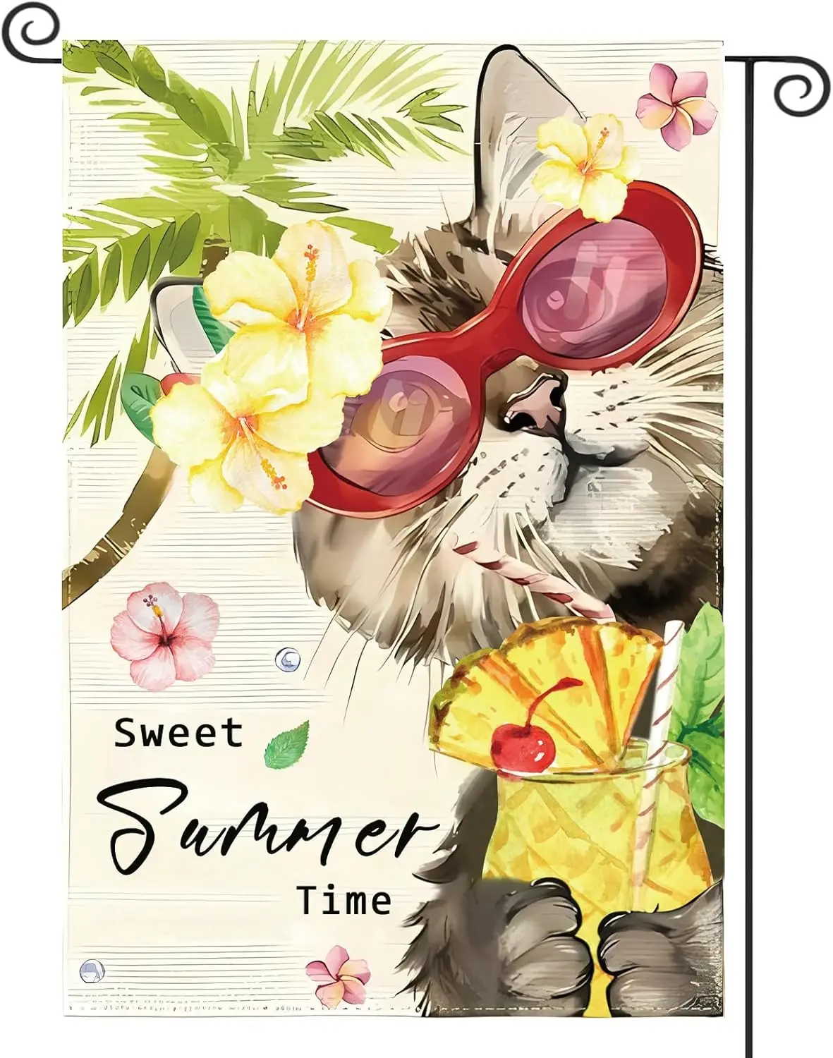 Summer Floral Cat Garden Flag 12x18 Inch Double Sided for Outside, Sea Beach Party Holiday Burlap Small Flag，Welcome Floral  yyi