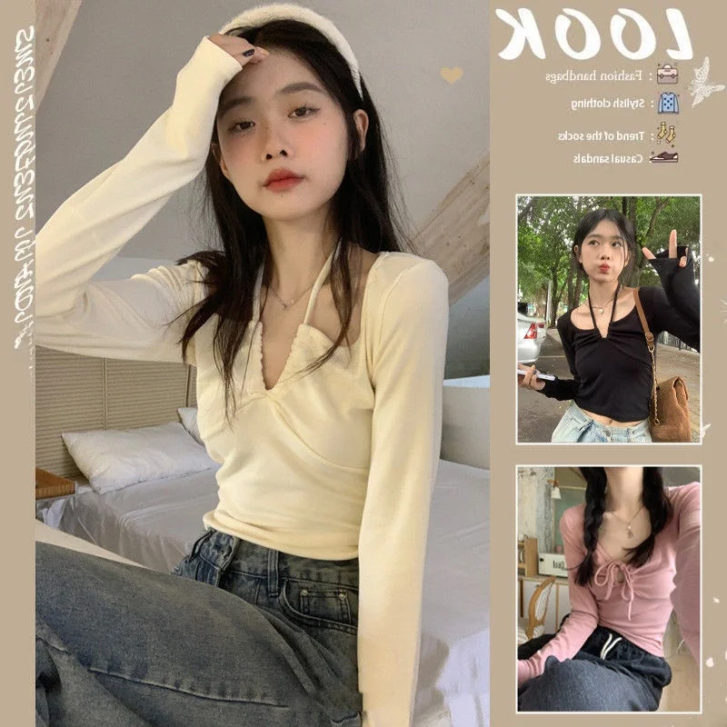 Soft Pure Desire V-Neck Long Sleeve T-Shirt Women's Autumn Base Shirt Slim Fit Short Style Sexy Hang Neck Top