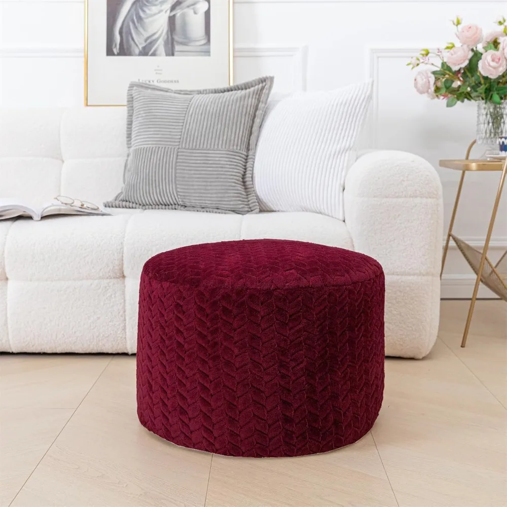 

Stuffed Pouf Ottoman,for Living Room Bedroom Floor Storage Pouf Footstools,Round Foot Rest Stool 20"x20"x12"with Filler Wine Red