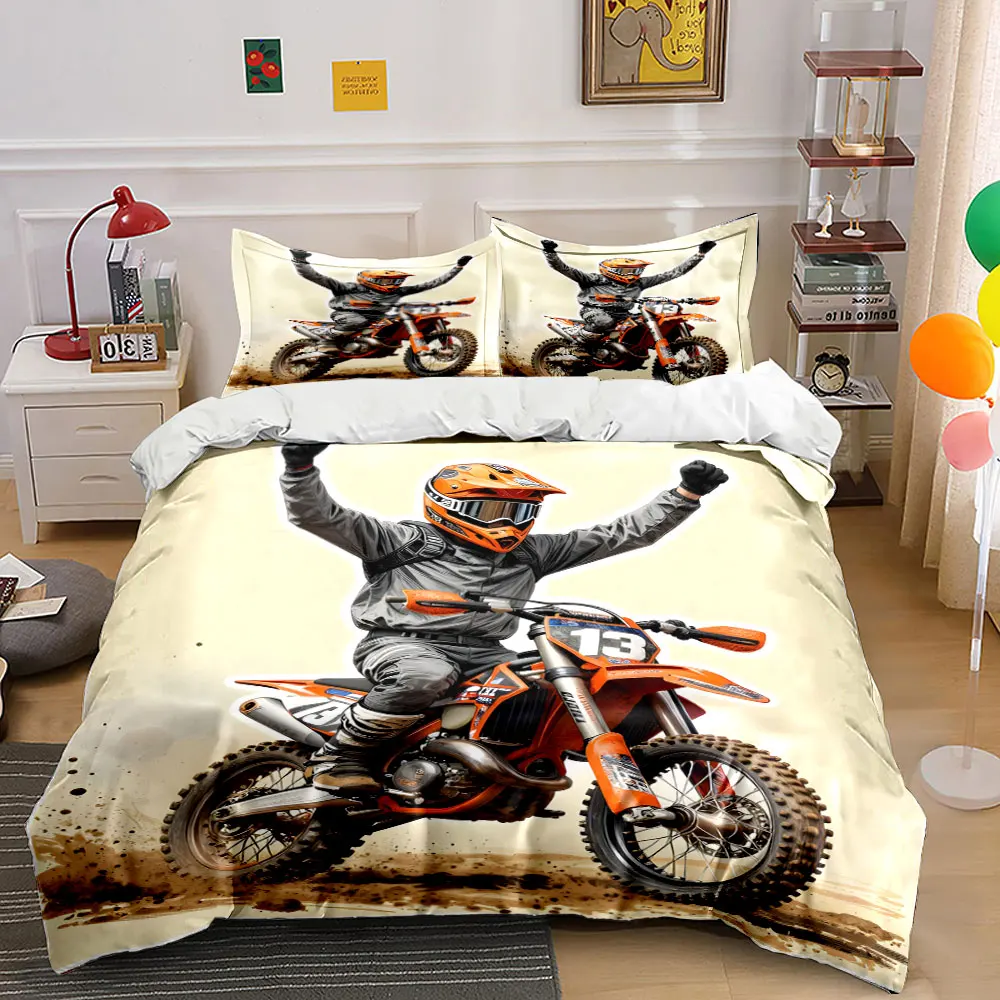 Extreme sports Dirt Bike Victory Ride Print Bedding Set 1 Duvet Cover 2 Pillowcases for Adult and Children Luxury Gift Full Size