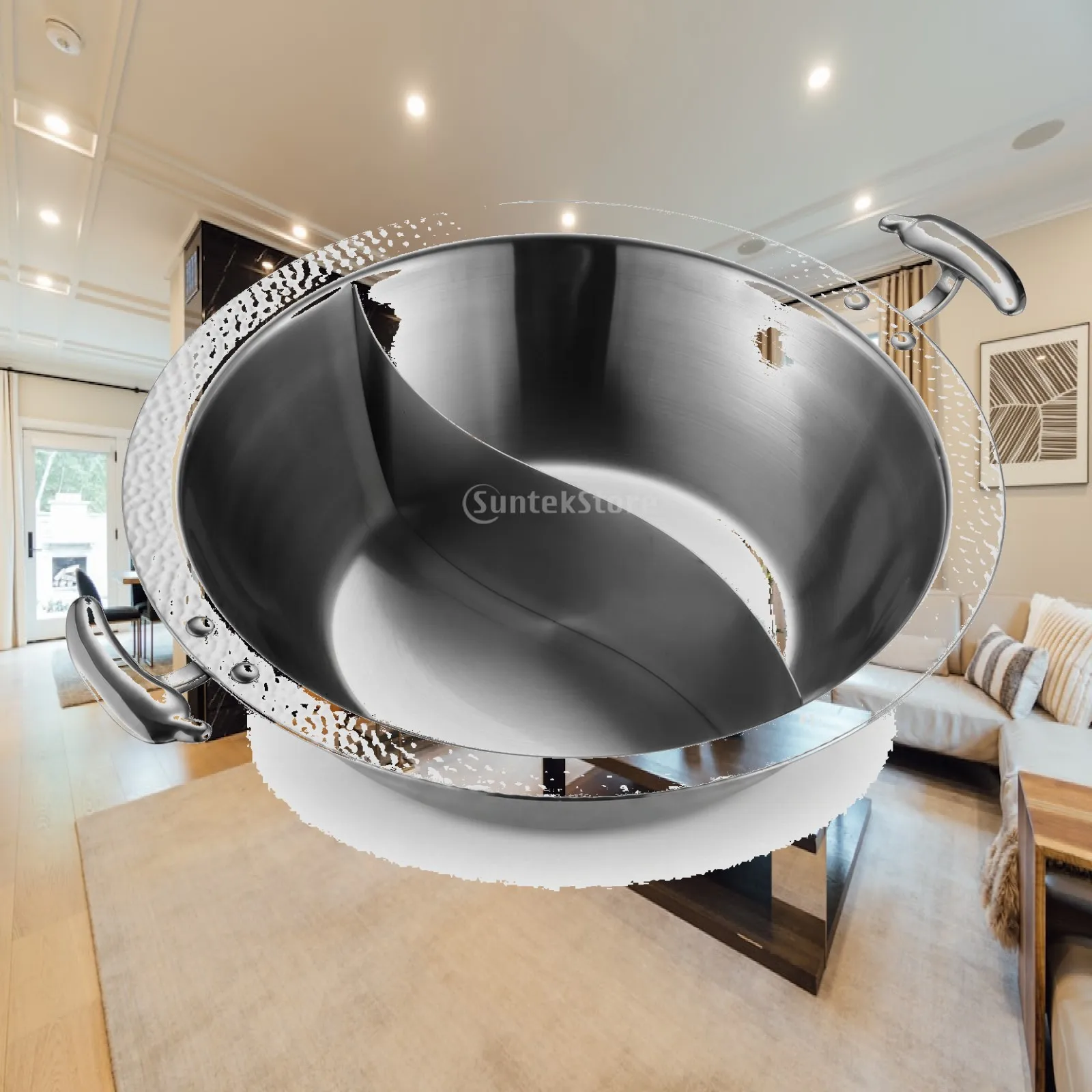 Dual Compartment Cookware Stainless Steel Two Part Hot Pot Divided Broth Pan with Cooking Pot Side Handle for Family Meals