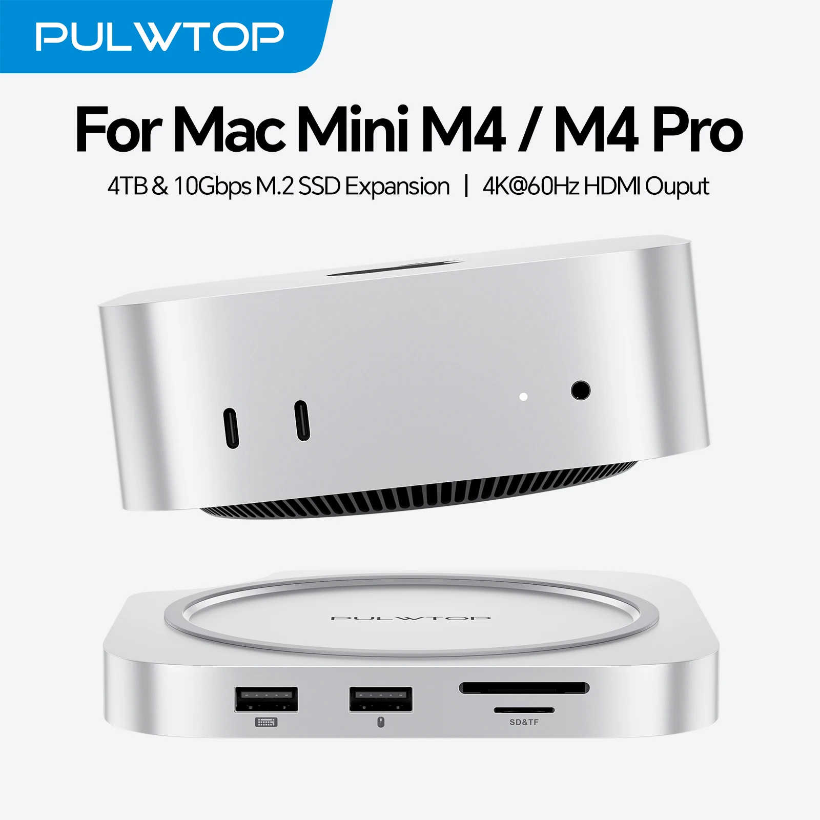 PULWTOP Mac Mini M4 Dock Stand with M.2 SSD Enclosure, HDMI 4K 60Hz, USB A 2.0, SD/TF, Audio for Mac Mini M4/M4 Pro, M5 Pro, M6