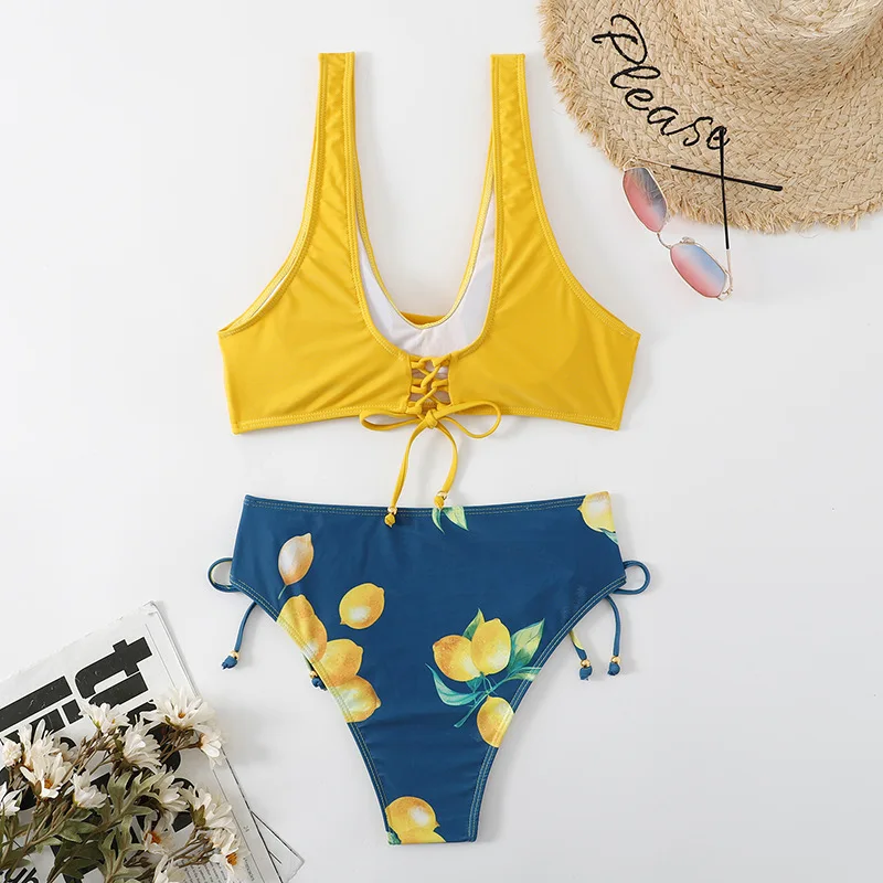 Yellow And Lemon Print Mid-Waist Bikini Sets Swimsuit Women Sexy Lace Up Two Pieces Swimwear 2023 New Summer Beach Bathing Suits