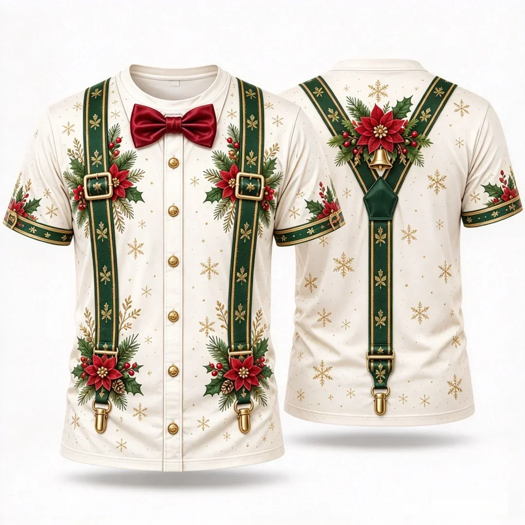 Funny Men's 3D Fake Suspender Bow Tie Print T-shirt Holly Bell Christmas Short Sleeve Tee Summer Casual Crew Neck T-shirt Tops