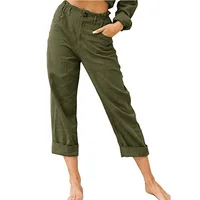 2026 Boho Linen Blend Cropped Pants for Women High Elastic Waist Button Fly Rolled Hem Trousers with Side Pockets - Image 2