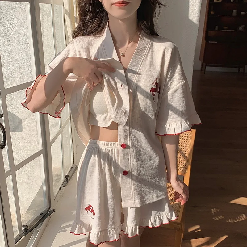 Sleepwear Women's Summer Sweet Shorts Short Sleeved Crepe Cotton With Chest Pad Cardigan Thin Home Wear Set Female Nightshirt