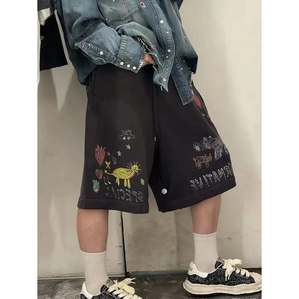 26SS MMY Black Graffiti Printed Elastic Waist Loose Casual Pants Summer Thin Shorts