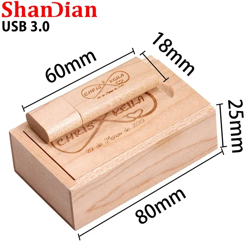 High Speed Wooden Gift Box USB 3.0 Flash Drive Real Capacity Pen Drive Free Custom Logo Memory Stick 64GB/32GB/16GB/8GB U Disk