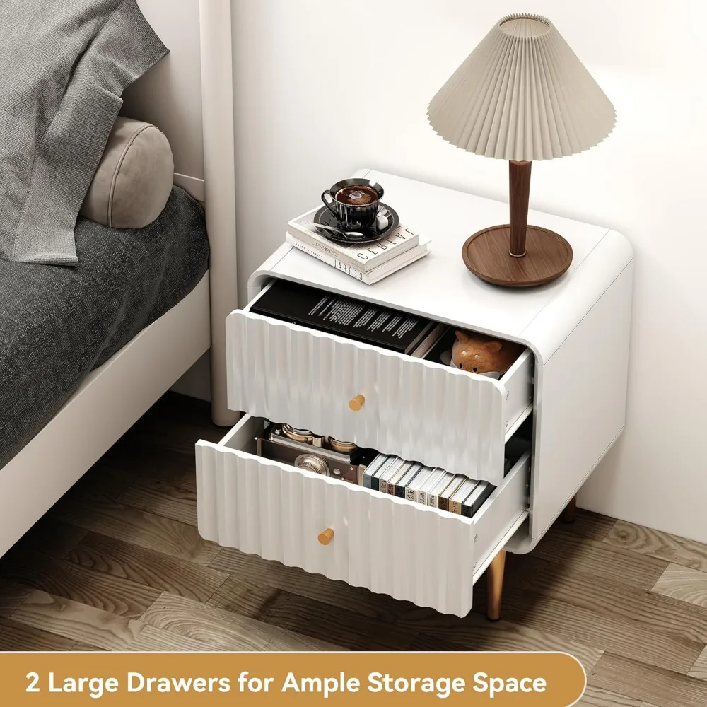 طقم منضدة حديثة مكون من 2، طاولة جانبية للسرير مع درجين للتخزين، طاولة نهاية خشبية بمقبض معدني ذهبي، ش ليلي أبيض #6