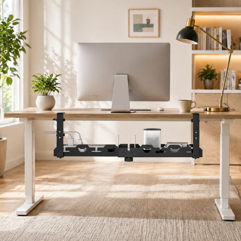 

Black Metal Telescopic Cable Management Tray, No Drill Under Desk Wire Organizer, Practical Home Office Storage Holiday Gift