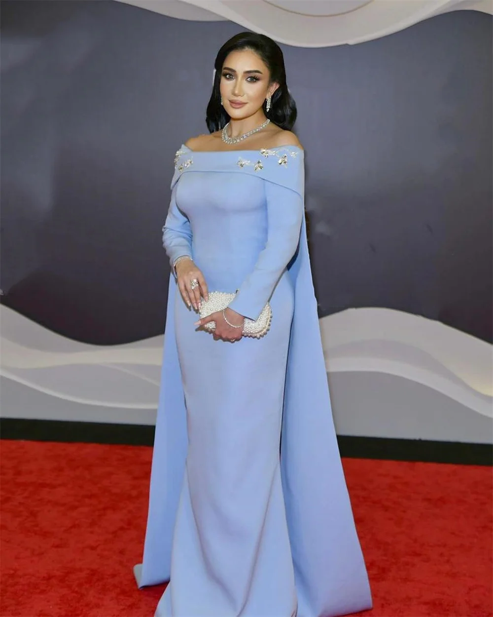 

Customized Exquisite Elegant Jersey Applique Beading Rhinestone Pleat Sheath Off-the-shoulder Long Dresses Evening Dresses Match