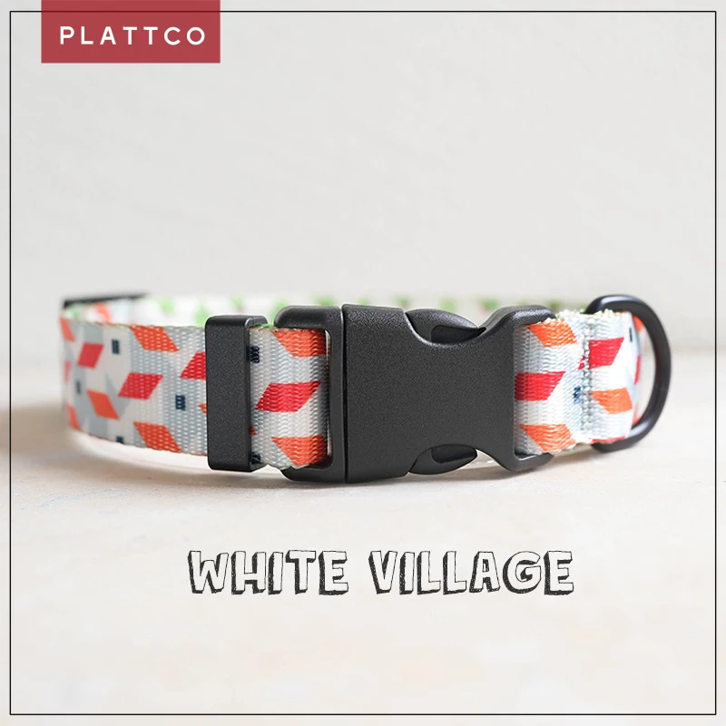 PLATTCO  removable dog collar WHTTE VILLAGE adjustable nylon print pet collar for small medium large dogs 5 size PDC330