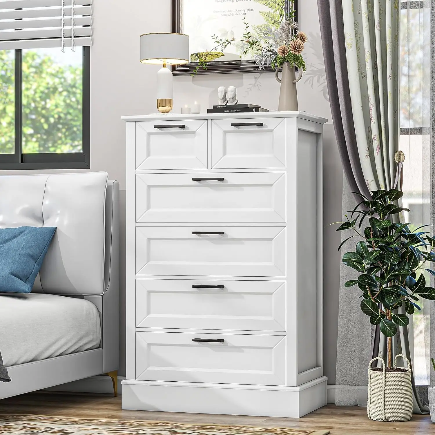 White Dresser with 6 Drawers, Vertical Tall Dresser for Bedroom, Wood Dresser for Hallway, Living Room, Chest of Drawers for Nur