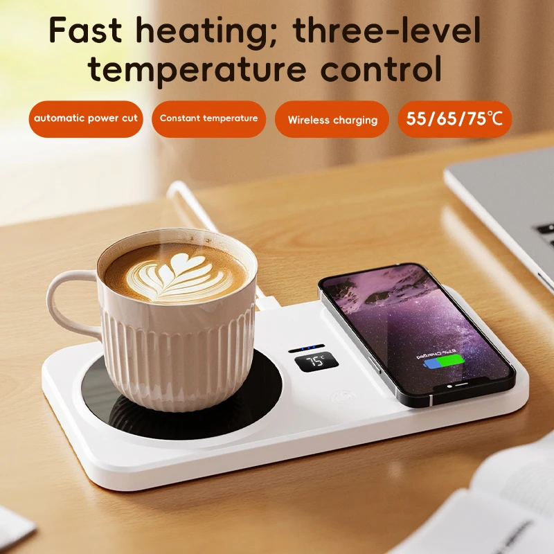 Tapete termostático para tazas con carga inalámbrica 2 en 1, taza calefactora para café y leche, tapete para tazas con Control de calefacción de tres engranajes