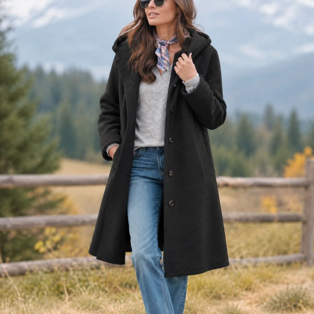 Long Length Coat Hooded Regular Fit Elegant with Pockets Long Sleeve Winter Workwear Single Breasted Multiple Buttons Women Coat