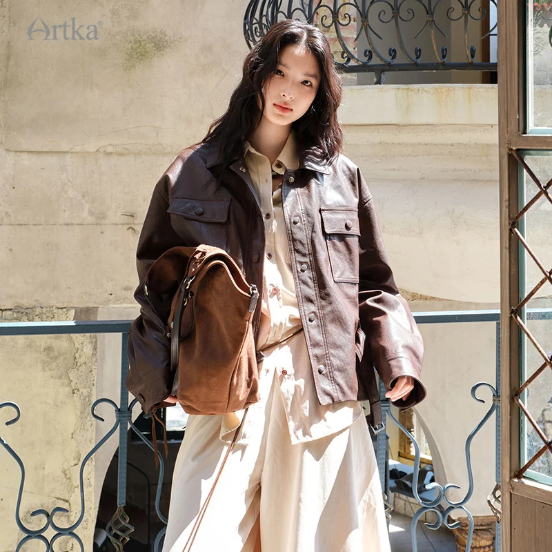 ARTKA 2025 가을 신상 여성 PU 재킷 패션 캐주얼 브라운 재킷 코트 싱글 브레스티드 PU 가죽 재킷 벨트 포함 WA32056Q