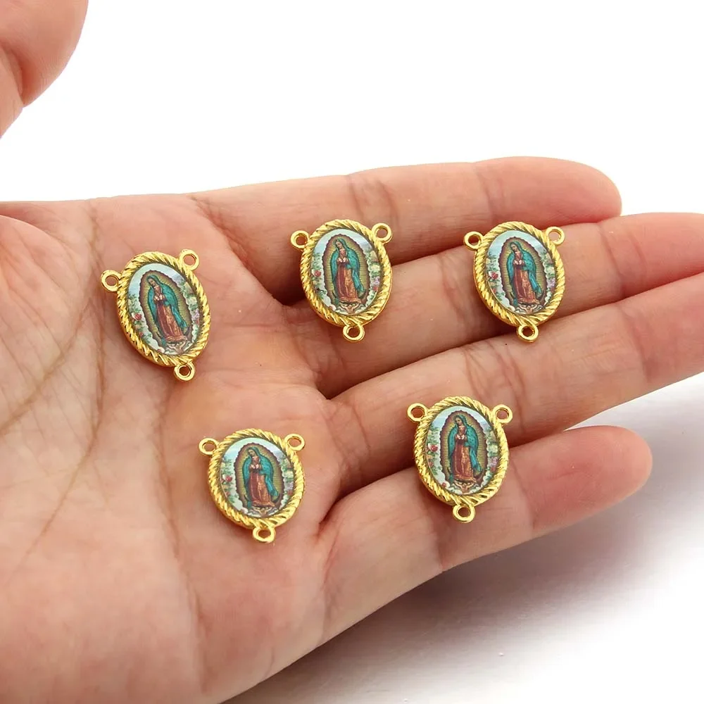 50PCS/lot Gold Rosary Centers Centerpiece Saints Image Sticker Catholic Medal Jesus Mary Holy Family Religious Connector