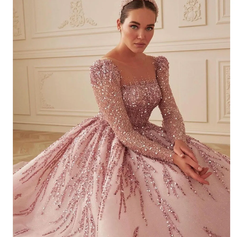 Exquisite Pink Sequined Appliques Evening Dresses Graceful Long Sleeve Draped Floor Length Chapel Train Gowns Celebrity Dress