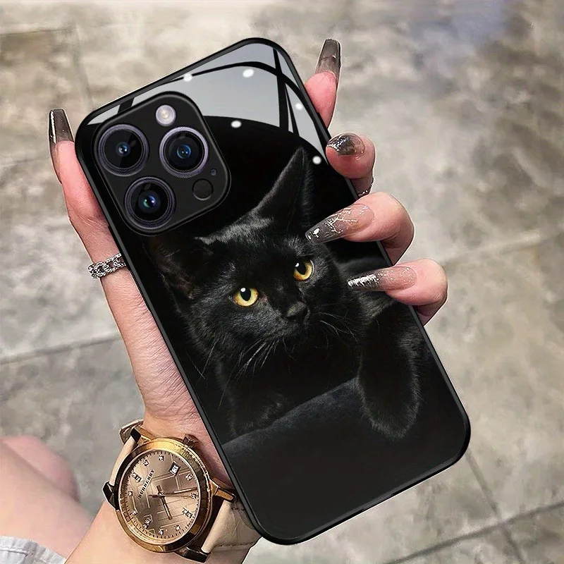 

Cute Black Cat Pattern Tempered Glass Black Phone Case For iPhone 17 Pro Max 16 15 14 13 12 11 Pro 17 Air 7 8 Plus XR XS X Cover