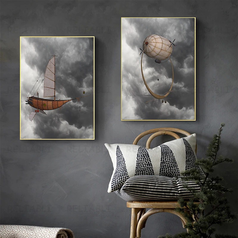 Vintage Hot Air Balloon Retro Steampunk Airship Canvas Painitng Wall Art Picture Poster for Living Room Kidsroom Home Decor