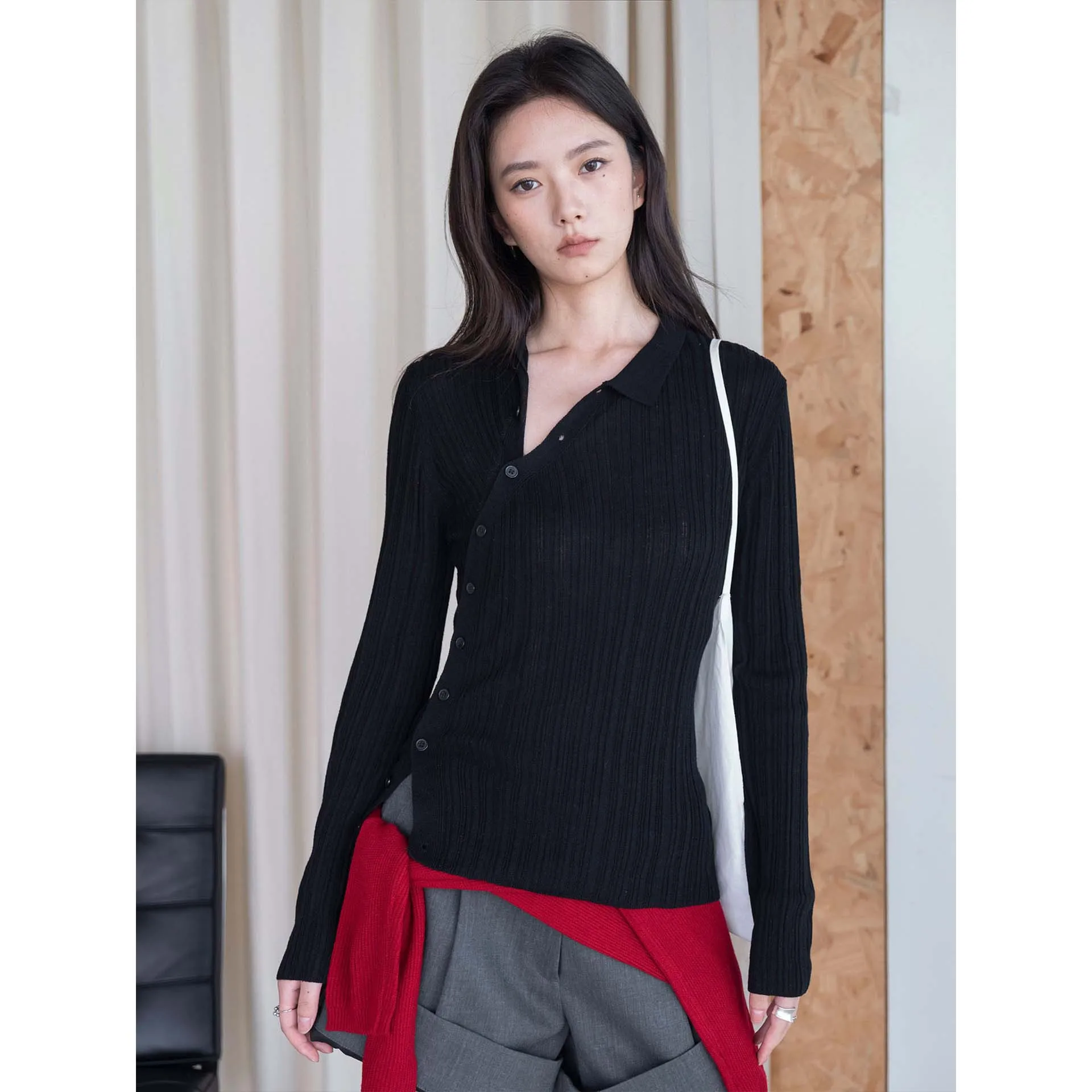UMI MAO Loufu Autumn New Korean Style Fashionable Lapel Irregular Diagonal Button Silky Wool Knit Slim-Fit Cardigan For Women