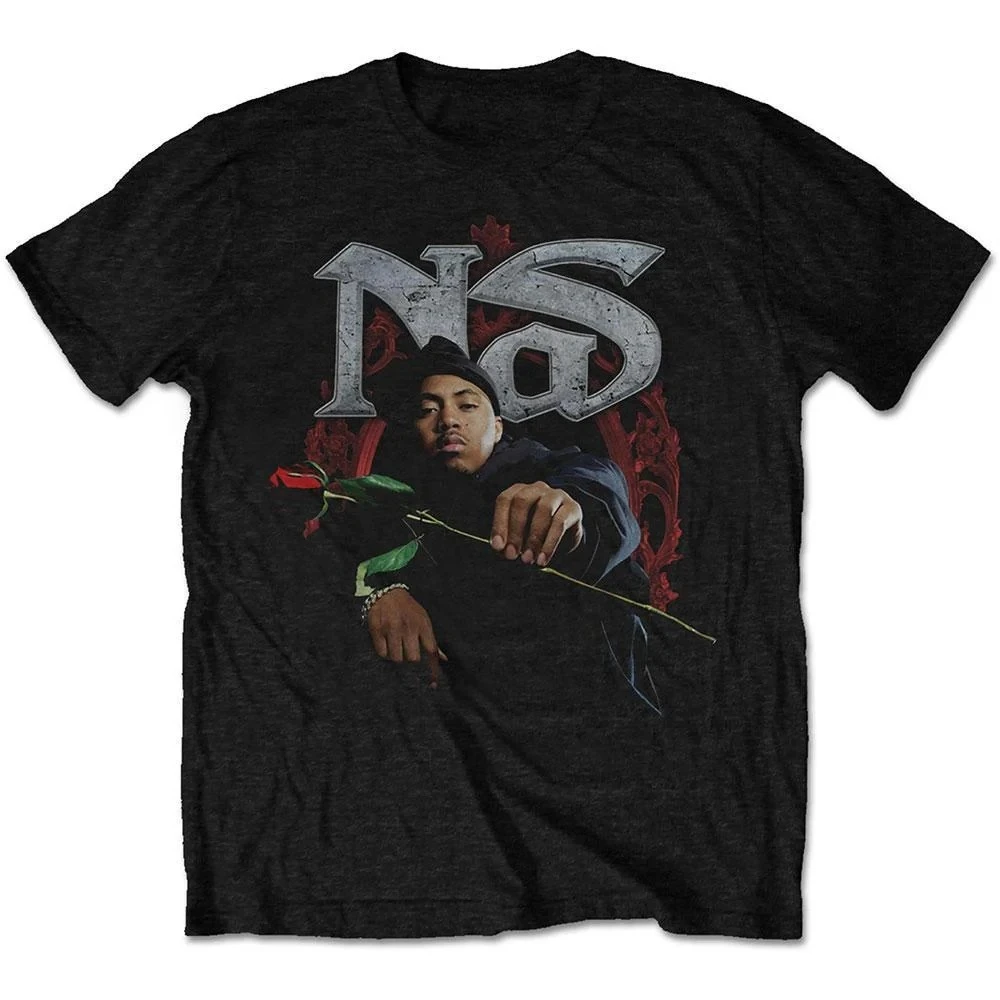 Nas Rose Portrait Metal Logo Print Baumwoll-T-Shirt East Coast Rap Legend Unisex Kurzarm-T-Shirt